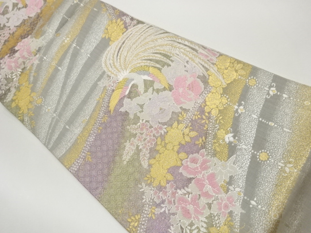 佐賀錦曲線に鳳凰・花々模様織出し袋帯